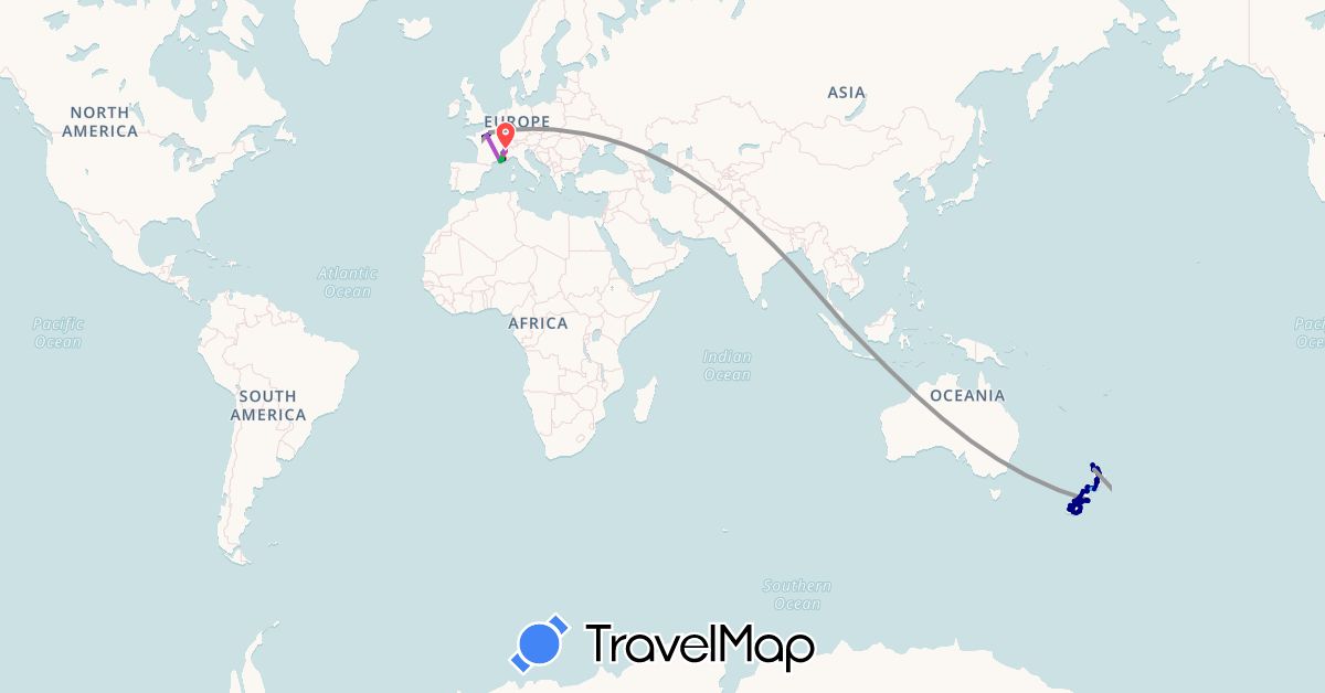 TravelMap itinerary: driving, bus, plane, train, hiking, boat in Argentina, Chile, France, New Zealand, Singapore (Asia, Europe, Oceania, South America)